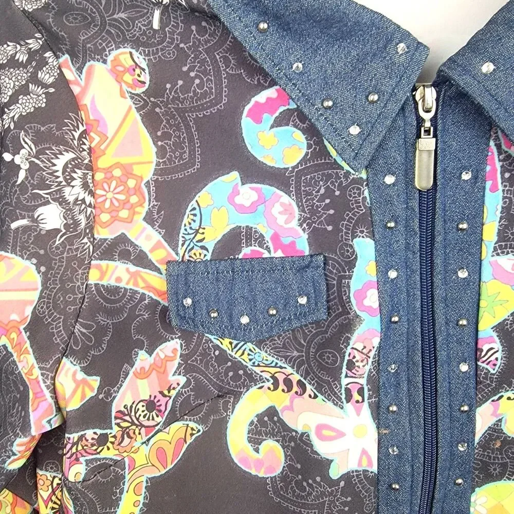 Cubism Full Zip Jacket Navy Multicolor M Rhinestone Art To Wear Vintage 90s